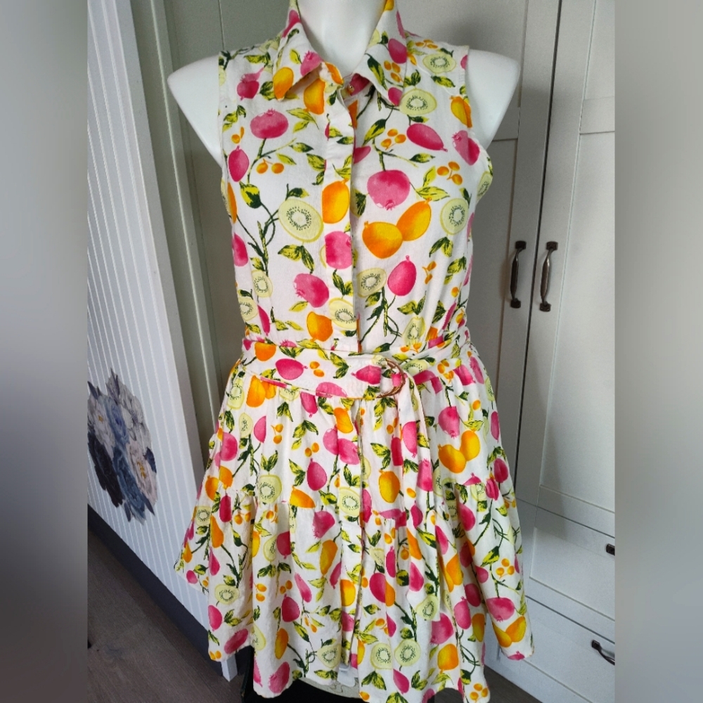 Cynthia Rowley Whimsical Happy Fruit Floral Theme  Fit Flair Linen Blend Sz 12